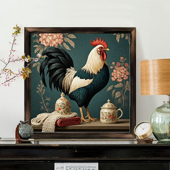 8x8 Inch Framed Wood Wall Art, Vintage Rooster Still Life Painting on Square Wooden Panel, Floral Hydrangea Background Decorative Plaque for Home Kitchen Decor 1pc