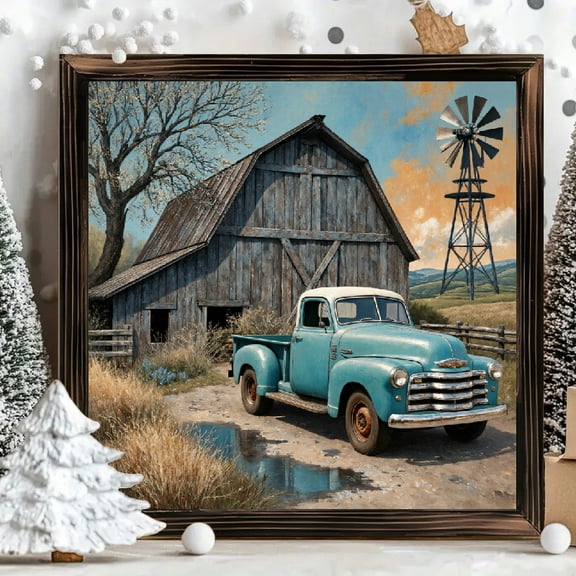 8x8 Inch Framed Wood Wall Art, Vintage Turquoise Pickup Truck and Rustic Farmhouse Barn Square Painting on Wood Panel 1pc for Country Home Decor