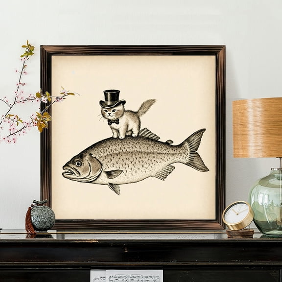 8x8 Inch Framed Wood Wall Art, Vintage Whimsical Kitten Riding Fish Illustration Square Decorative Panel, Solid Wood Framed Print for Home Office Wall Decor 1pc