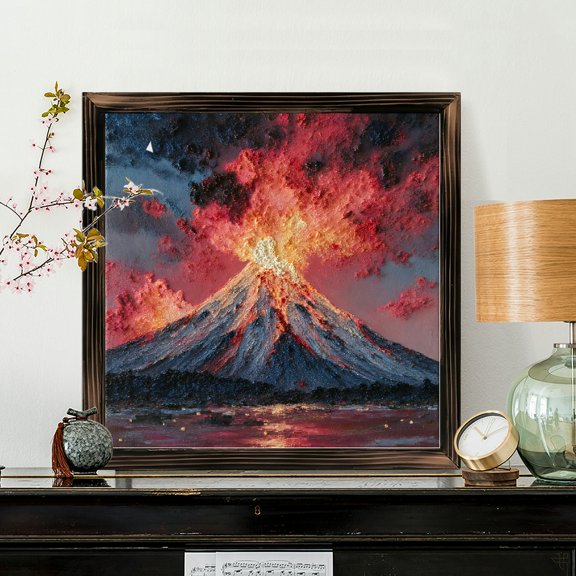 8x8 Inch Framed Wood Wall Art, Volcanic Eruption Impasto Painting Square Decorative Panel for Modern Home Office Decor 1pc