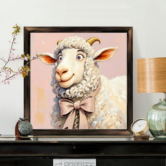 8x8 Inch Framed Wood Wall Art, Whimsical Anthropomorphic Sheep Portrait Square Decorative Painting, Pink Bow Artistic Illustration on Wood Panel 1pc for Nursery and Living Room Decor