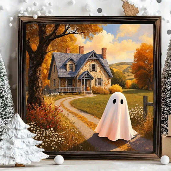 8x8 Inch Framed Wood Wall Art, Whimsical Autumn House and Cute Ghost Square Painting, Sturdy Wooden Panel Decorative Picture for Seasonal Halloween Home Decor 1pc