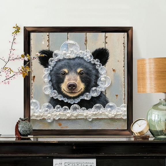 8x8 Inch Framed Wood Wall Art, Whimsical Black Bear with Soap Bubbles Square Decorative Painting, Rustic Blue Gray Wooden Frame, 1pc for Kids Room Home Decor