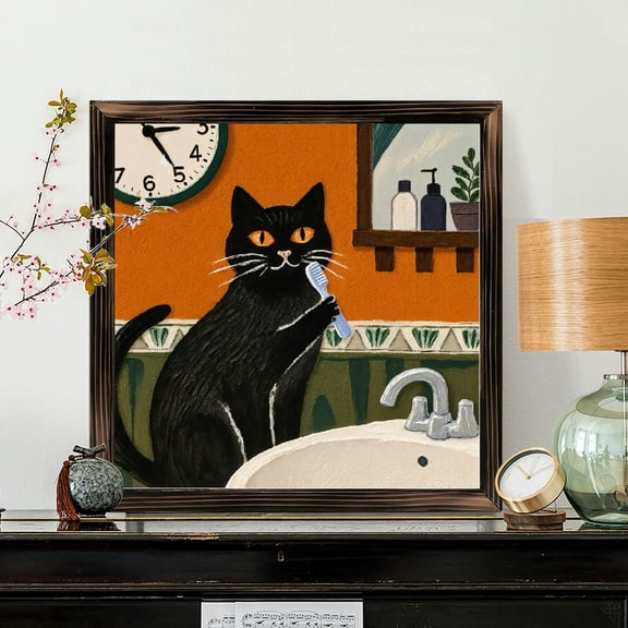 8x8 Inch Framed Wood Wall Art, Whimsical Black Cat Brushing Teeth Square Decorative Painting, Hand Painted Style Bathroom Decor, Ready to Hang 1pc