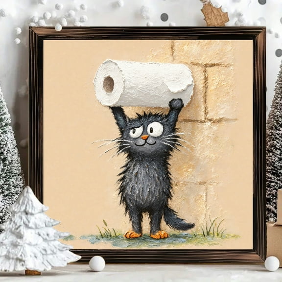 8x8 Inch Framed Wood Wall Art, Whimsical Black Cat Holding Toilet Paper Square Painting, Rustic Textured Wood Panel Decor 1pc for Nursery or Bathroom Home Accent