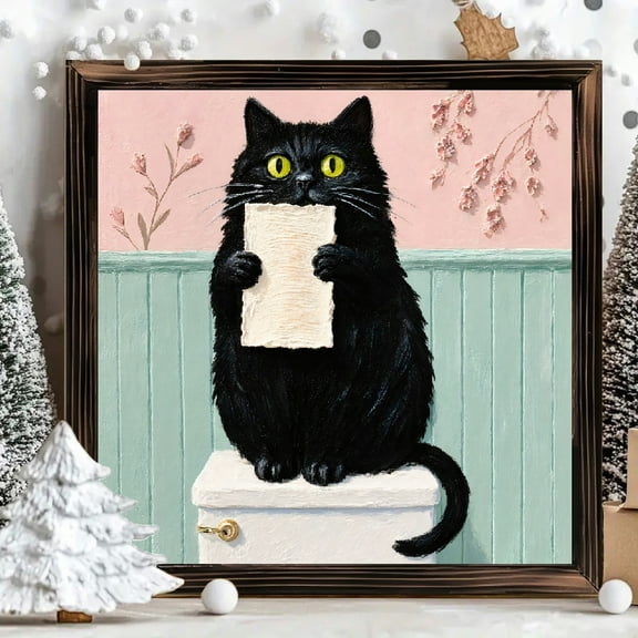 8x8 Inch Framed Wood Wall Art, Whimsical Black Cat Reading on Toilet Painting Square Decorative Panel, Floral Mint and Pink Background, 1pc for Bathroom Decor