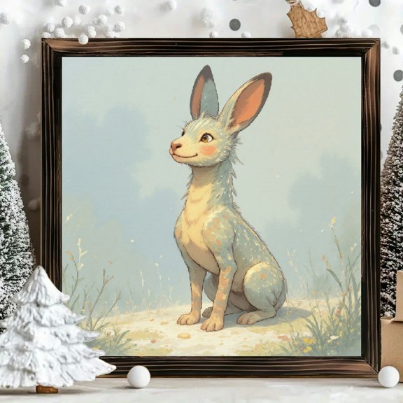 8x8 Inch Framed Wood Wall Art, Whimsical Blue Spotted Creature Illustration Square Painting, Decorative Wooden Panel for Nursery or Kids Room Decor 1pc