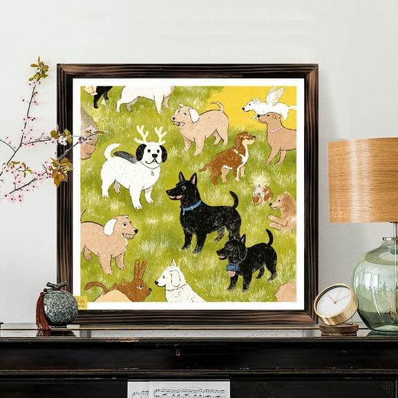 8x8 Inch Framed Wood Wall Art, Whimsical Cartoon Dog Gathering Square Decorative Painting, Textured Print on Wood Panel for Kids Room Pet Lover Gift 1pc