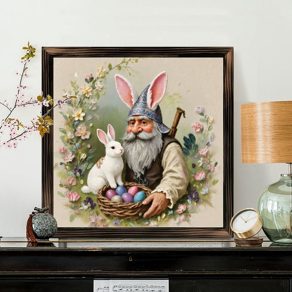 8x8 Inch Framed Wood Wall Art, Whimsical Easter Gnome with Bunny and Colorful Eggs Painting on Square Wood Panel, Rustic Spring Floral Decor for Home 1pc