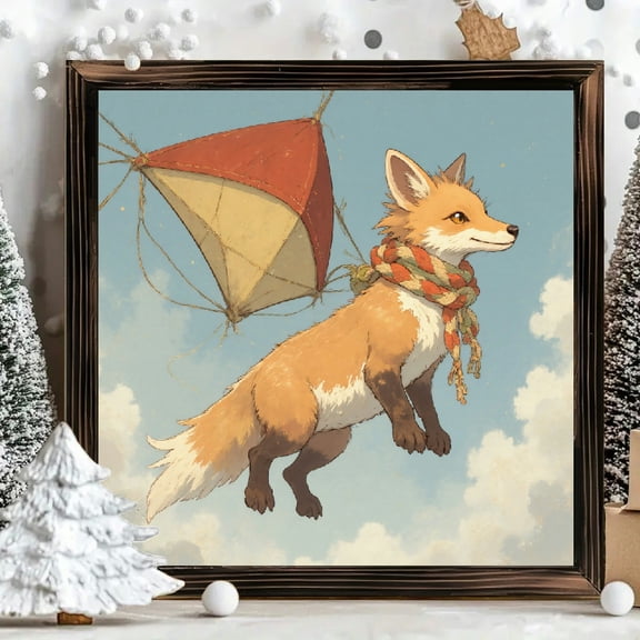 8x8 Inch Framed Wood Wall Art, Whimsical Floating Fox with Scarf Square Painting, Rustic Wood Panel Decor for Nursery Bedroom Living Room, 1pc