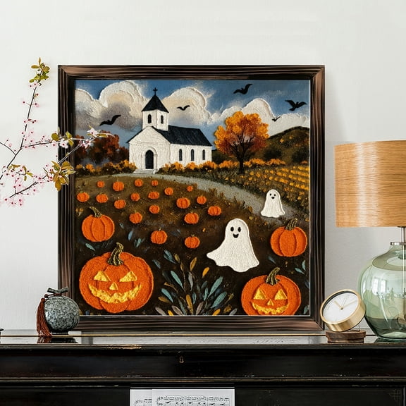 8x8 Inch Framed Wood Wall Art, Whimsical Folk Art Halloween Pumpkin Patch and Ghost Square Painting on Wood Panel 1pc for Fall Seasonal Home Decor