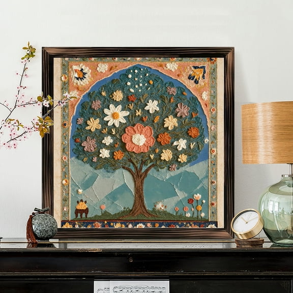 8x8 Inch Framed Wood Wall Art, Whimsical Folk Art Tree with Colorful Floral Canopy Square Painting, Textured Mosaic Landscape Decor for Home Bedroom 1pc
