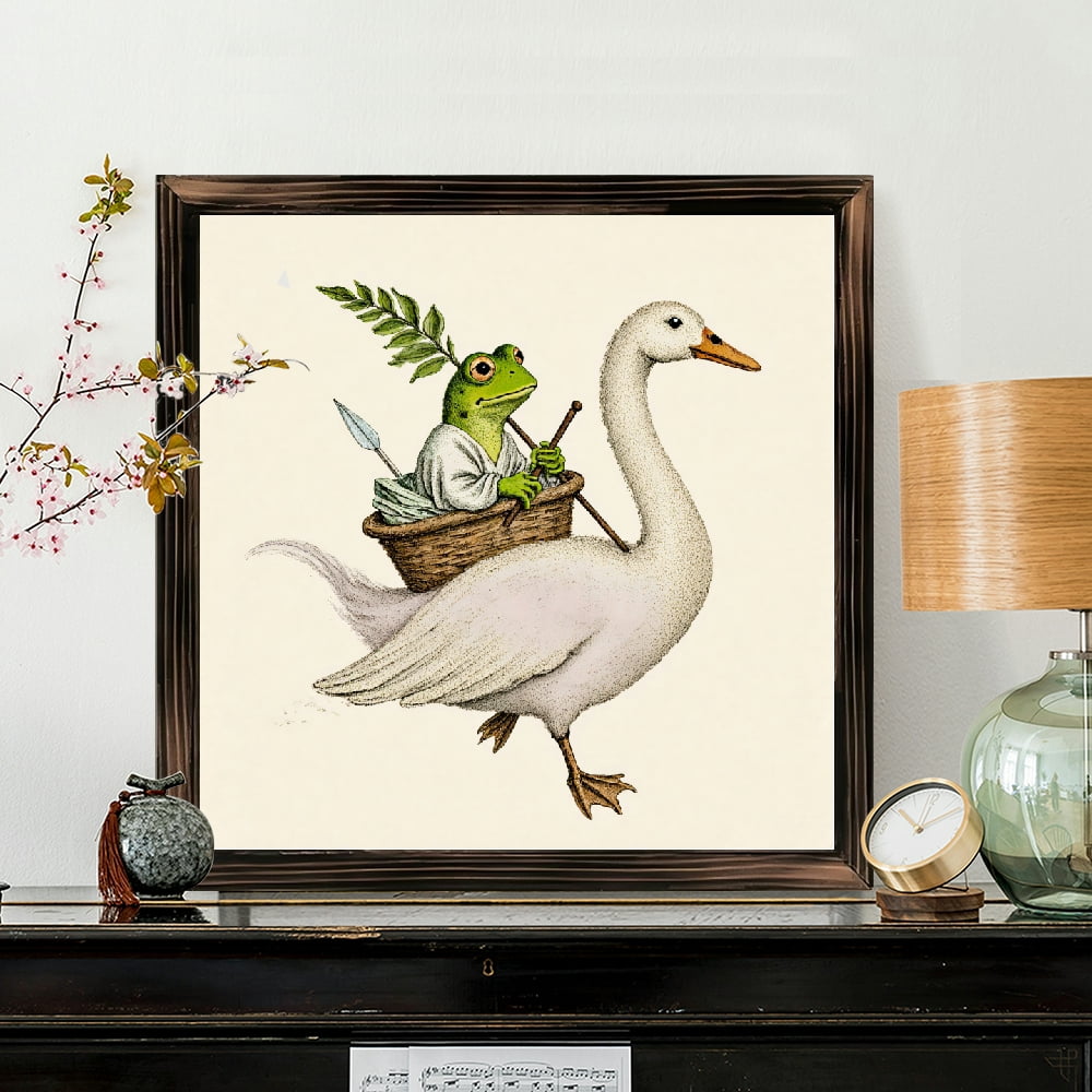 8x8 Inch Framed Wood Wall Art, Whimsical Frog Riding a Goose Storybook ...