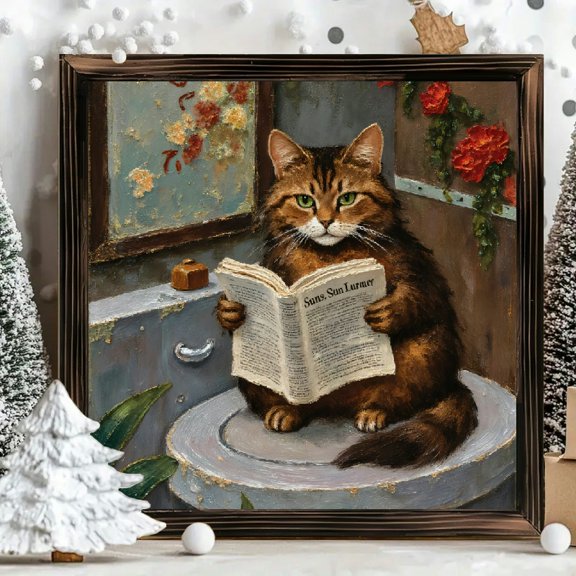 8x8 Inch Framed Wood Wall Art, Whimsical Ginger Cat Reading Newspaper Illustration Square Panel Painting for Bathroom and Home Decor 1pc