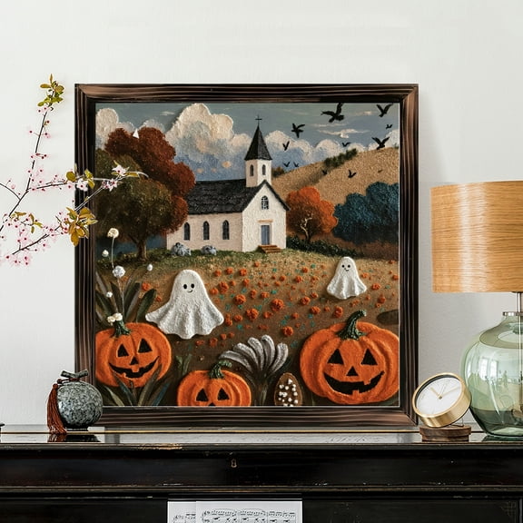 8x8 Inch Framed Wood Wall Art, Whimsical Halloween Jack o Lantern and Ghost Illustration Square Decorative Panel for Autumn Home Decor 1pc