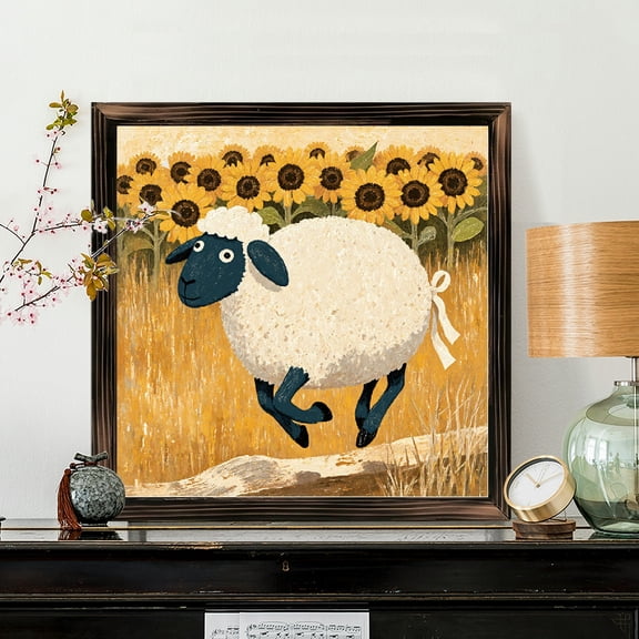 8x8 Inch Framed Wood Wall Art, Whimsical Leaping Sheep with Sunflowers Square Painting, Decorative Wood Panel Decor for Nursery or Living Room, 1pc
