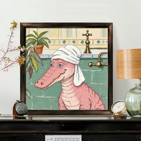 8x8 Inch Framed Wood Wall Art, Whimsical Pink Alligator in Towel Square Painting on Wood Panel 1pc for Playful Bathroom and Home Decor