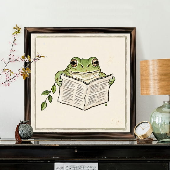 8x8 Inch Framed Wood Wall Art, Whimsical Reading Frog Illustration Square Decorative Panel, Vintage Style Hand Drawn Print for Home Office Wall Decor 1pc