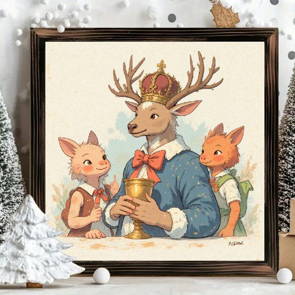 8x8 Inch Framed Wood Wall Art, Whimsical Royal Stag and Fawn Square Painting on Wood Panel 1pc for Kids Room Nursery Woodland Decor