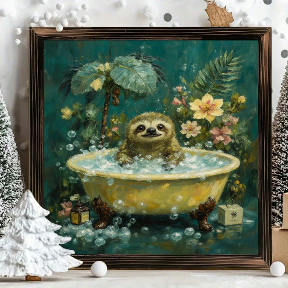 8x8 Inch Framed Wood Wall Art, Whimsical Sloth in Tropical Bathtub Square Painting, Decorative Wooden Panel for Nursery or Bathroom Home Decor 1pc