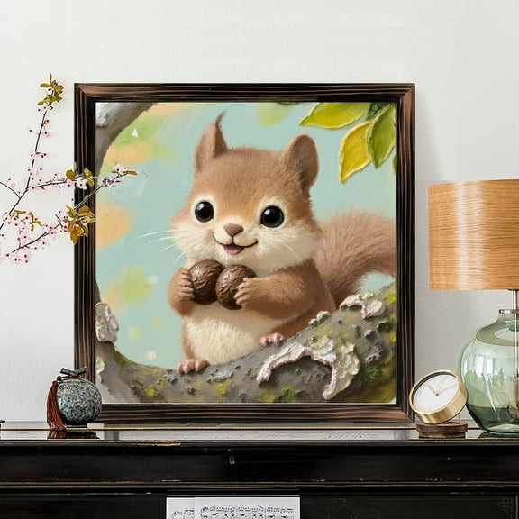 8x8 Inch Framed Wood Wall Art, Whimsical Squirrel with Walnuts Painting on Square Panel, Decorative Wooden Framed Print for Nursery or Forest Theme Home Decor 1pc