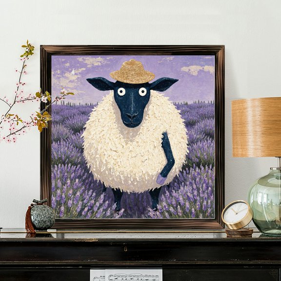 8x8 Inch Framed Wood Wall Art, Whimsical Surprised Sheep in Lavender Field Square Painting, Textured Wood Panel Decor 1pc for Home Living Room Bedroom Decoration