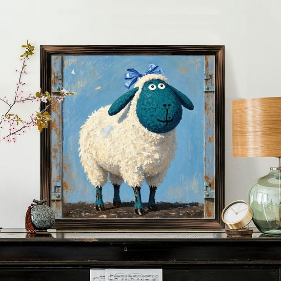 8x8 Inch Framed Wood Wall Art, Whimsical Teal-Faced Sheep Portrait Square Painting on Wood Panel, Rustic Farmhouse Style Decorative Wall Decor for Home 1pc
