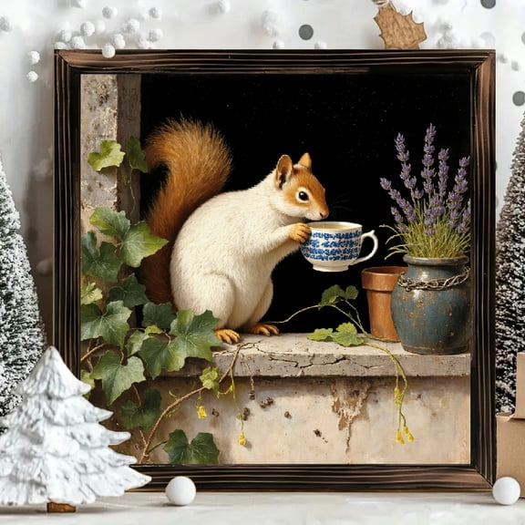 8x8 Inch Framed Wood Wall Art, Whimsical White Squirrel Drinking Tea with Lavender Floral Motif Square Wooden Painting 1pc for Home Living Room Decor