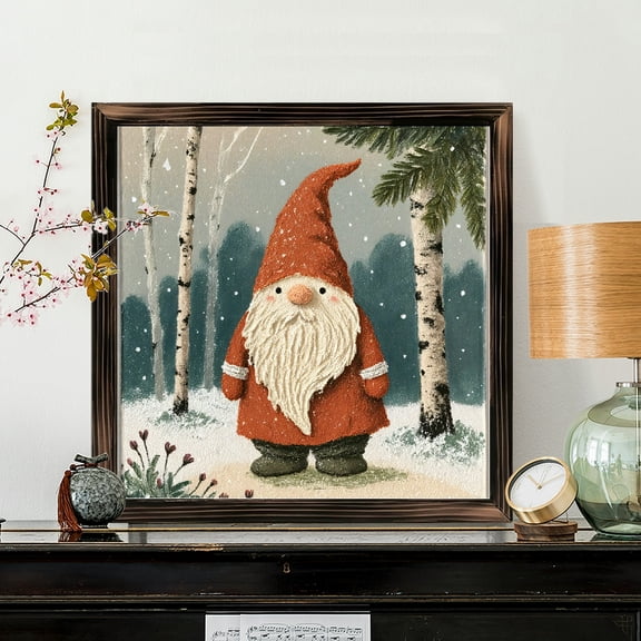 8x8 Inch Framed Wood Wall Art, Whimsical Winter Garden Gnome with Snow Forest Painting, Square Decorative Wooden Panel for Holiday Home Decor, 1pc