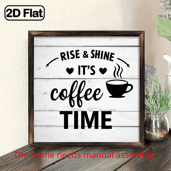 8x8 Inch Framed Wooden Board Print, Rise Shine It's Coffee Time Sign, 2D Flat Rustic Tabletop Home Office Decor, Letter Art Craft Ornament, Holiday Memorial Gift for Family