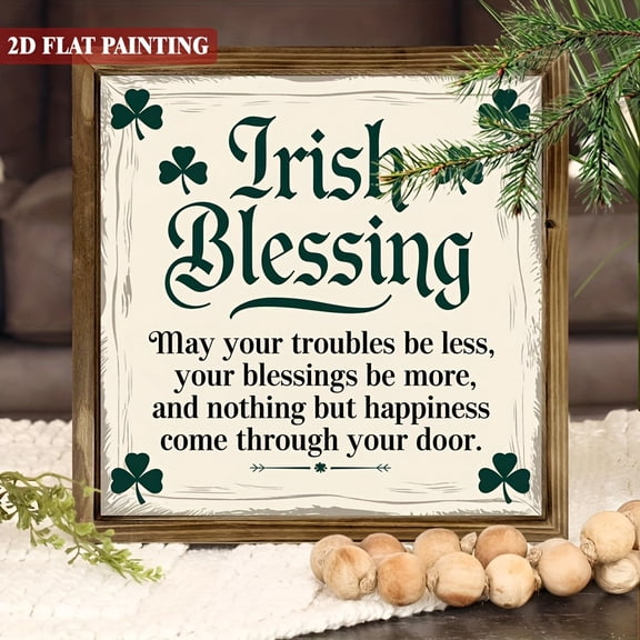 8x8 Inch Irish Blessing Four Leaf Clover Wooden Sign, Rustic Farmhouse Framed Wall Decor for St. Patricks Day, Cafe and Living Room