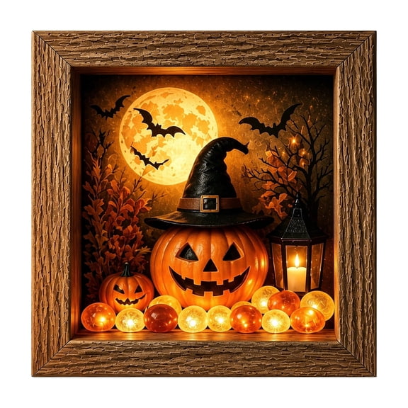8x8 Inch LED Lighted Halloween Shadow Box Frame, Witch Hat Jack O Lantern Decorative Picture, Halloween Night Light for Tabletop & Wall