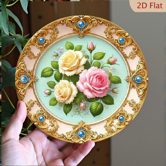 8x8 Inch Round Aluminum Wall Art Decorative Plate, Baroque Style Floral Bouquet Print with Pink and Yellow Roses, Ornate Gold Frame Accent with Blue Gemstone Details