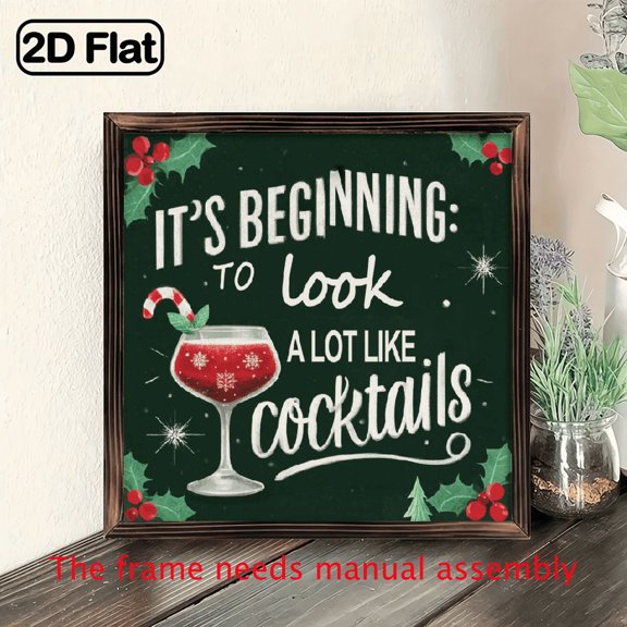 8x8 Inch Rustic Farmhouse Christmas Wall Decor - It'S Beginning to Look a Lot Like Cocktails Sign with Red Cocktail Glass, Dark Green Background - Easy Hang with Pre-Drilled Holes - Holiday Home