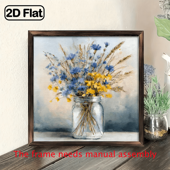 8x8 Inch Rustic Farmhouse Floral Painting - Mason Jar Floral Art in Blue Yellow - Country Wall Decor for Bathroom, Kitchen, Dining Room - Mother's Day, Christmas Housewarming Gift