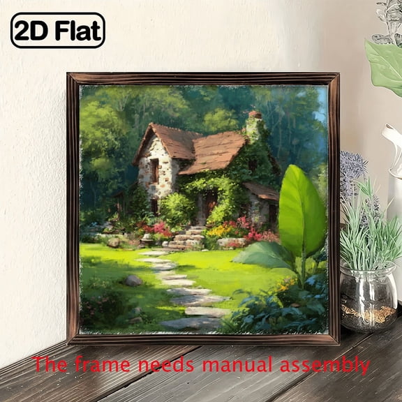 8x8 Inch Rustic Vintage Cottage Landscape Painting - Country House Wall Decor with Stone Pathway, Easy Hang Drilled Holes, Indoor_Outdoor Farmhouse Art for Living Room, Bedroom, Office - Housewarm