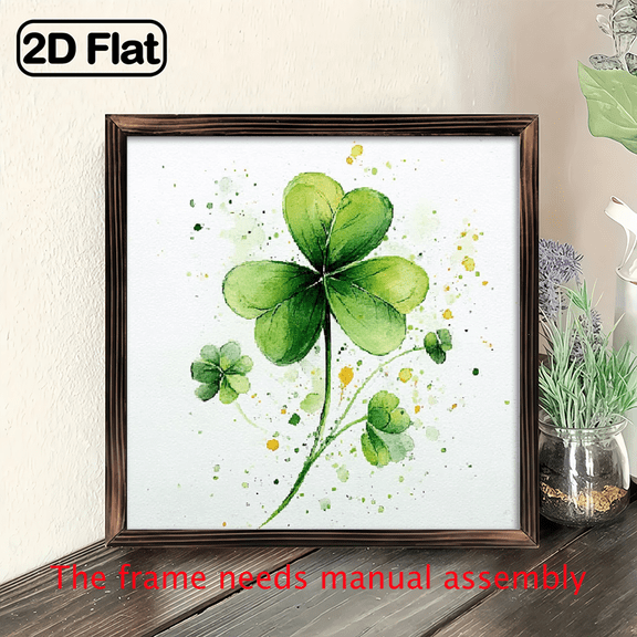 8x8 Inch Rustic Wood Framed Watercolor Clover Wall Art - Green Four-Leaf Clover Painting for St Patrick's Day, Irish Good Luck Charm, Multi-Season Office Decor, Easy Hang (No Power Required)