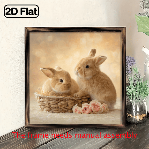 8x8 Inch Rustic Wooden Framed Wall Art - Charming Bunny Rose Garden Scene, Vintage-Style Home Decor with Easy Installation for Living Room.