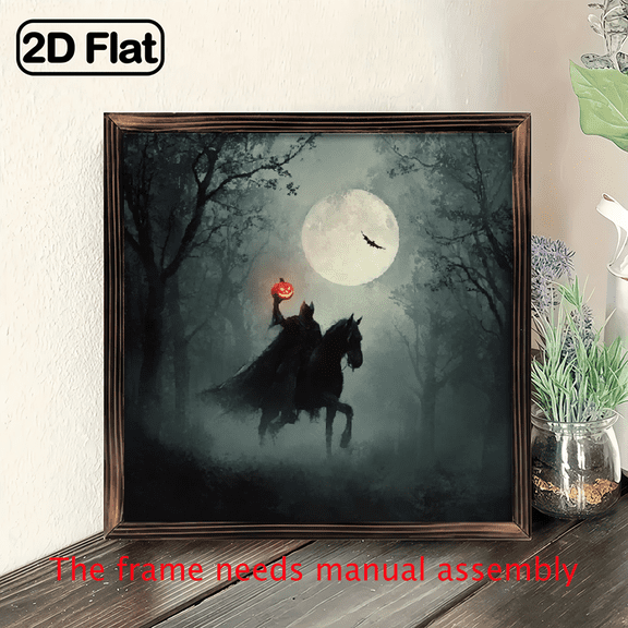 8x8 Inch Rustic Wooden Wall Decor - Medieval Knight with Jack-O'-Lantern Halloween Decoration, Farmhouse Gothic Mansion Living Room, Kitchen, Office, Bathroom Hanging Art - No Electricity Needed