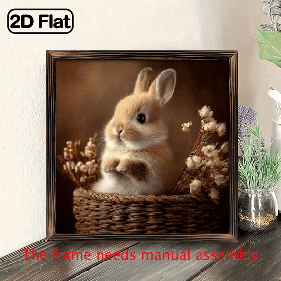 8x8 Inch Solid Wood Decorative Plaque - Easter Bunny with Flowers Golden Frame Bathroom Wall Hanging, Reusable Holiday Home Decor for St Patrick's Day, No Batteries Needed, Bunny Decor, Hanging