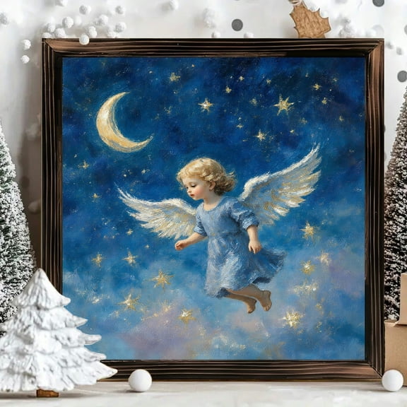 8x8 Inch Square Framed Wood Wall Art, Angel Floating in Celestial Starry Night Sky Painting, Wooden Panel Decorative Picture for Nursery and Bedroom Decor 1pc