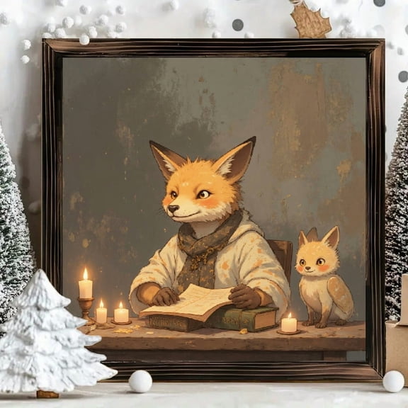 8x8 Inch Square Framed Wood Wall Art, Anthropomorphic Fox Reading with Kit Illustration, Rustic Wood Panel Print for Cozy Bedroom or Nursery Decor, 1pc