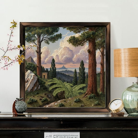 8x8 Inch Square Framed Wood Wall Art, Classical Landscape Painting with Ancient Stone Arch and Sunset Clouds, Decorative Wooden Panel for Home Office Living Room Decor 1pc