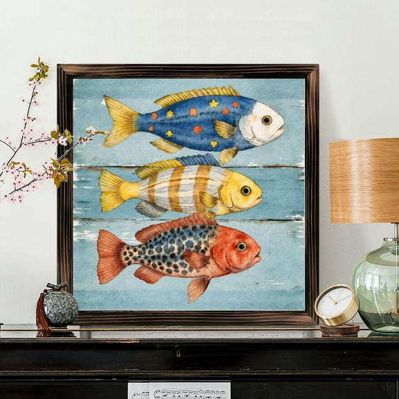 8x8 Inch Square Framed Wood Wall Art, Colorful Three Swimming Fish Illustration on Painted Blue Background, Decorative Wooden Panel Artwork for Nursery Kids Room Home Decor 1pc