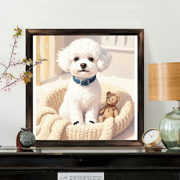 8x8 Inch Square Framed Wood Wall Art, Cute Fluffy White Dog with Teddy Bear Portrait on Wood Panel, Decorative Hanging Picture for Nursery or Bedroom Decor 1pc