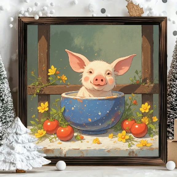 8x8 Inch Square Framed Wood Wall Art, Cute Pig Sitting in Blue Bowl Illustration with Garden Elements, Wooden Panel Decorative Painting for Farmhouse Kitchen Living Room Decor 1pc