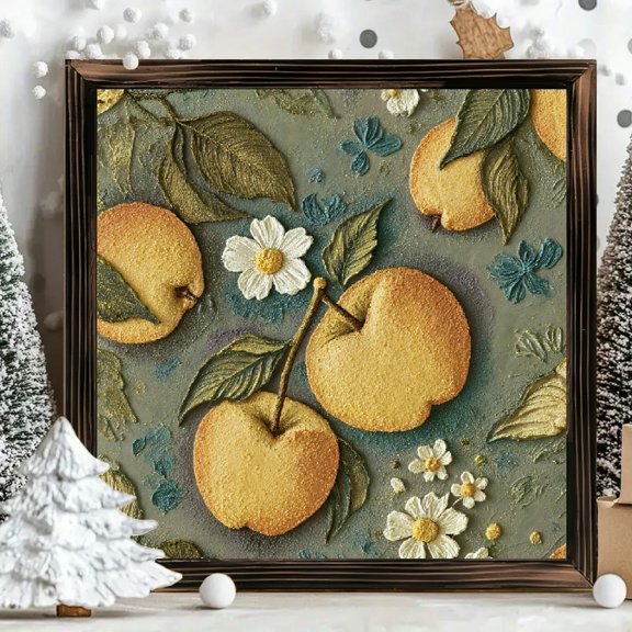 8x8 Inch Square Framed Wood Wall Art with Embossed Fruit and Flower Relief Pattern, Textured Peach and Daisy Bas Relief Painting for Kitchen Wall Decor