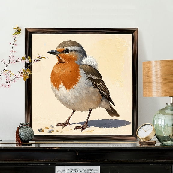 8x8 Inch Square Framed Wood Wall Art, European Robin Bird Painting with Impressionistic Cream Background, Rustic Decorative Panel for Home Living Room 1pc