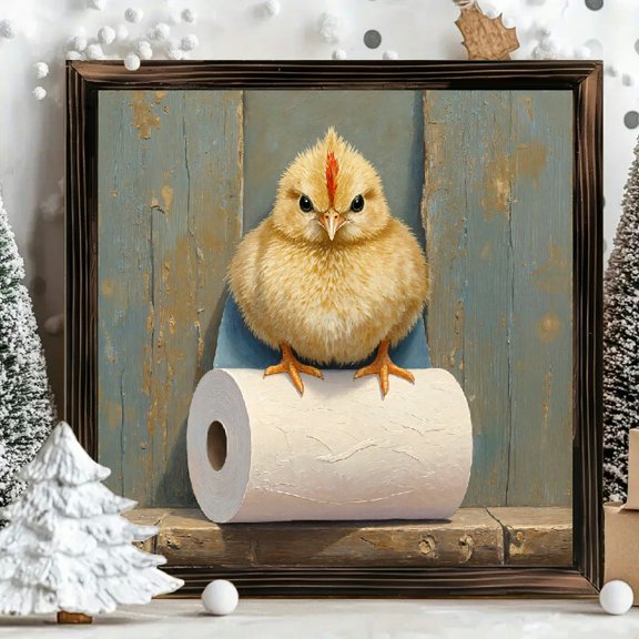 8x8 Inch Square Framed Wood Wall Art, Fluffy Yellow Chick on Toilet Paper Design Rustic Farmhouse Decor, Wooden Panel Wall Hanging for Nursery Kitchen 1pc