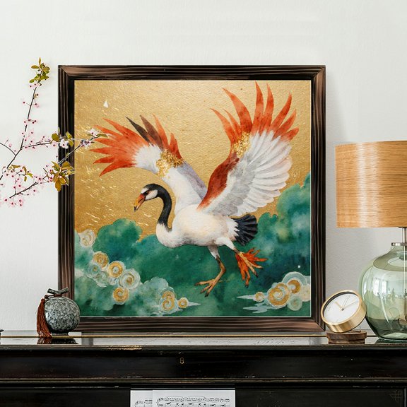 8x8 Inch Square Framed Wood Wall Art, Flying Crane Bird with Golden Clouds Decorative Painting on Wood Panel 1pc for Home Office Wall Decor